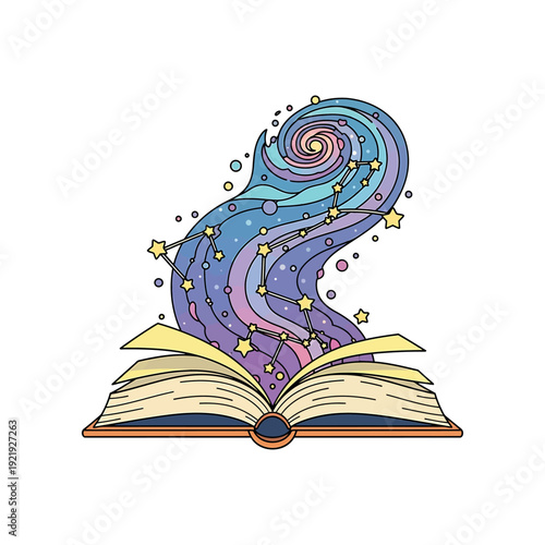 An open book emits a swirling purple and blue galaxy with stars.
