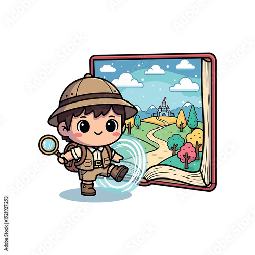 Cartoon explorer emerging from book with magnifying glass in hand, discovering vibrant landscape