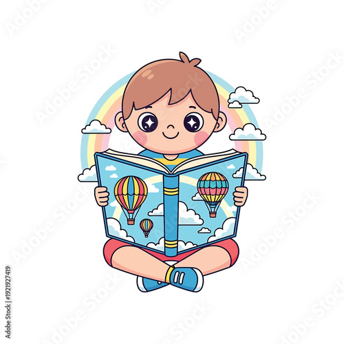 A young boy reads an open book with hot air balloons on the cover outside.