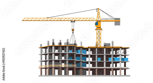 Building under construction at a busy construction site with tall cranes and concrete structures rising into the sky