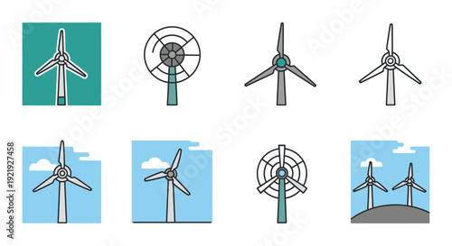 Wind turbines farm generating renewable wind energy under blue sky