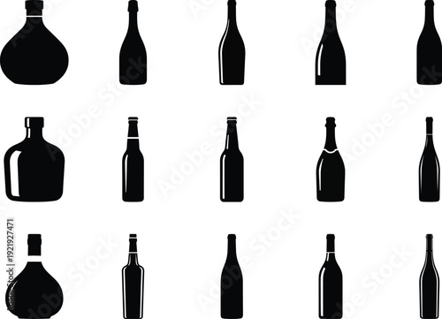wine bottle icon set silhouette on white background