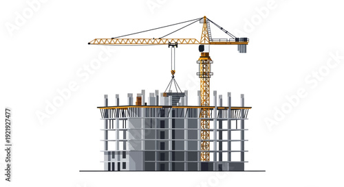 Modern city building under construction with tall cranes and blue sky background