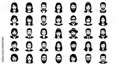 Collection of Diverse People Avatars in Black and White.