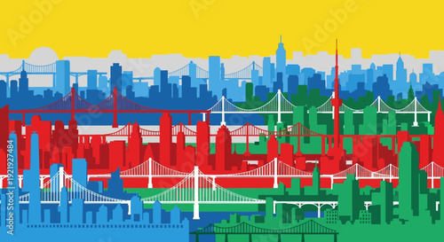 Abstract colorful wave background with modern city skyline silhouette vector illustration featuring buildings, houses, towers, urban architecture, energy sky, business graph elements, and symbolic des