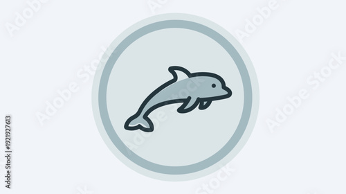 A playful, cartoon dolphin icon, swimming upwards, enclosed within a grey circular frame on white