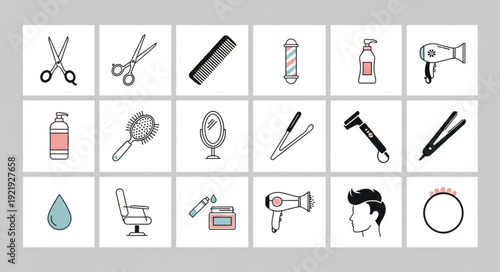 Collection of hand drawn barber shop and hair salon tools icons.