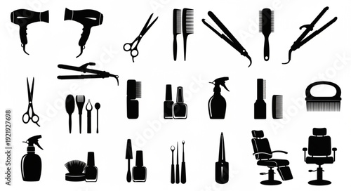 Collection of professional hairdressing and beauty salon tools.