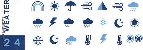 Weather icon collection vector set, flat minimal climate symbols including rain, snow, wind, thunderstorm, temperature elements for forecast design