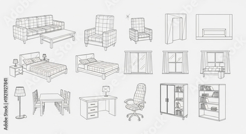 Collection of hand drawn furniture sketches for interior design.
