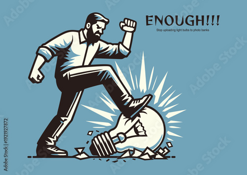 Man trampling on incandescent light bulb, vector illustration