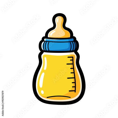 Cartoon baby bottle with yellow liquid and blue cap design  