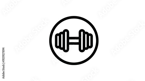 A simple, black and white icon. A barbell sits inside a circle on a plain white background