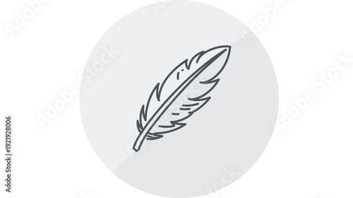 A simple outline of a feather rendered in grayscale, encased within a slightly shaded circular shape