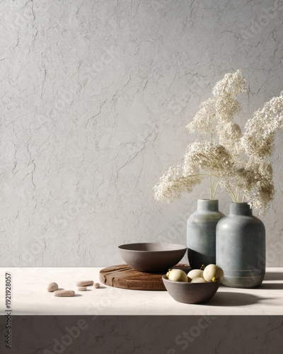 Neutral rustic still life with blue ceramic vases dried flowers and wooden bowls on a round cutting board for interior decor background poster and layout