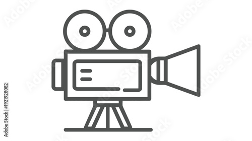 A simple grayscale illustration of a classic film camera on a tripod, angled toward the viewer