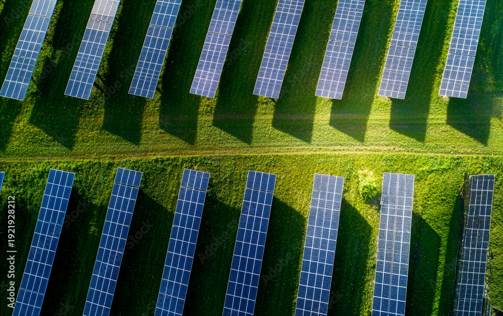 Fototapeta premium Aerial view of a vast solar farm with rows of photovoltaic panels on green grass