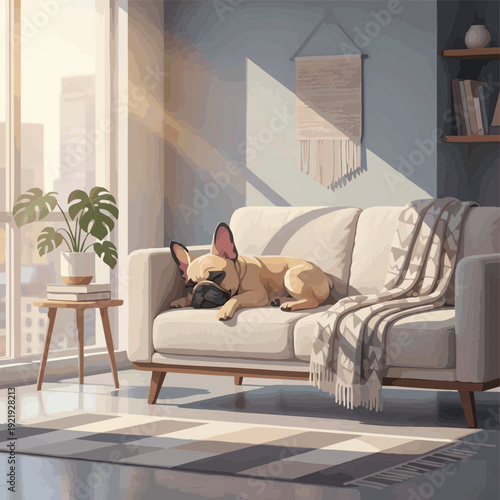 french bulldog relaxing on modern sofa in cozy living room interior, vector illustration