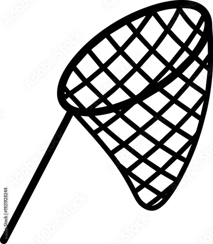 Black thin Line fishing Net or butterfly Net with long Handle Icon Vector for Design