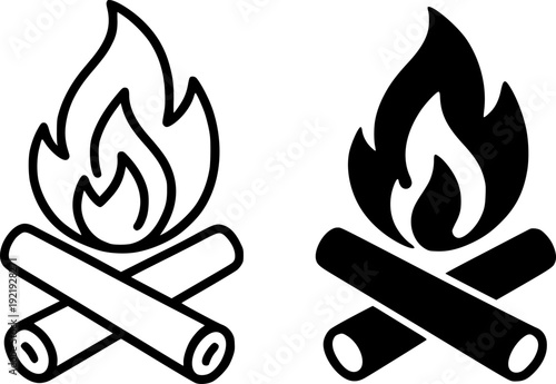 Scout icon, vector illustration of campfire, black and white in outline and silhouette design style