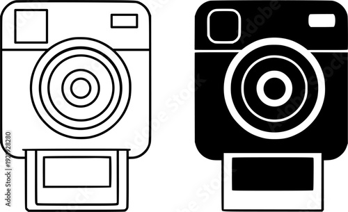 Technology icon, vector illustration of instant camera, black and white in outline and silhouette design style