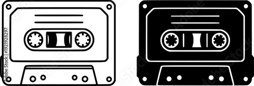 Vintage icon, vector illustration of cassette, black and white in outline and silhouette design style
