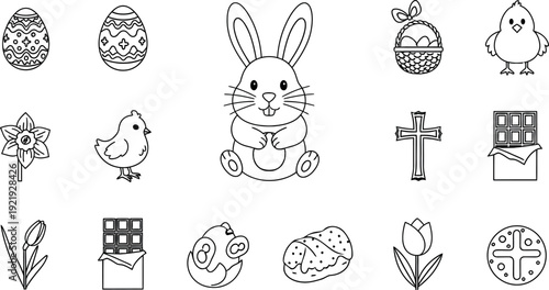 A charming collection of black and white line art icons depicting traditional Easter and spring holiday symbols perfect for coloring books and festive designs