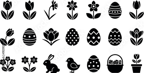 A delightful collection of black silhouette Easter and Spring holiday icons featuring various flowers decorated eggs a bunny and a chick for seasonal design