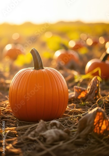 Golden sunlight illuminates a pumpkin patch signaling the arrival of the harvest season and the beginning of cooler weather ahead, august, pumpkin, farming