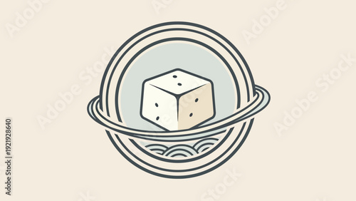 A stylized die, planet-like rings, within a circular frame on a cream background