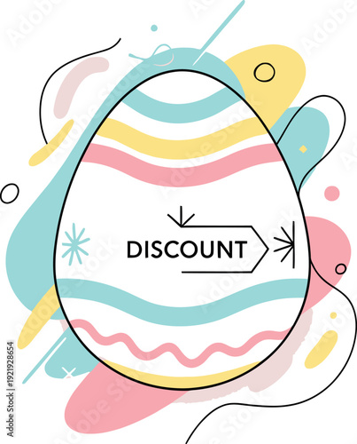 Colorful Easter egg illustration with discount text and abstract shapes perfect for spring promotions and sales