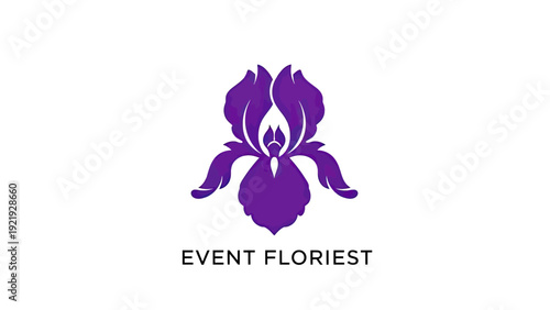 A purple iris flower illustration is the central focus, "Event Floriest" text below