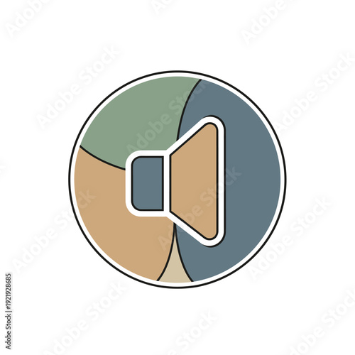 A stylized speaker icon in a circular design of muted colors beige, grey, and green