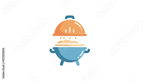 Colorful, abstract illustration depicts a barbecue pit with a lid. It features simplified shapes