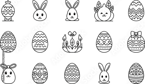 Minimalist black and white line art Easter eggs and cute bunny icons for spring holiday designs
