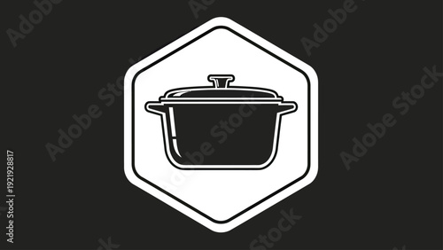 A cooking pot icon inside a white hexagon frame, centered on a black background