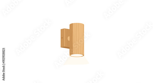 Cylindrical wooden wall lamp mounted on a light-colored surface, casting a soft glow downwards.