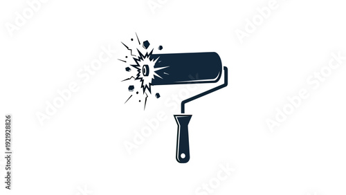 Dark blue illustration of a paint roller with an explosion at the roller's tip, on white