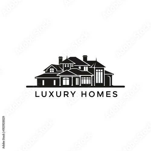 A black and white vector graphic shows a multi-layered luxury home with text below