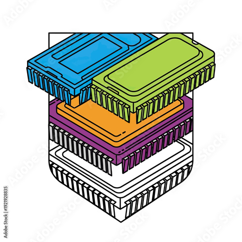 Diagram of an exploded computer chip, revealing layers of components in various colors