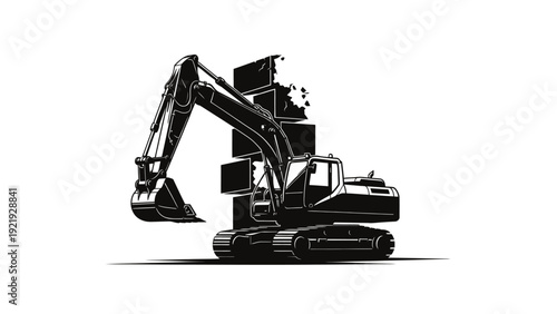 A detailed black and white illustration of an excavator breaking through a wall of blocks