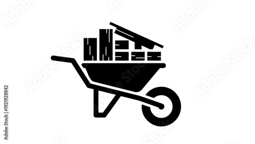 A black and white graphic of a wheelbarrow filled with stacked lumber