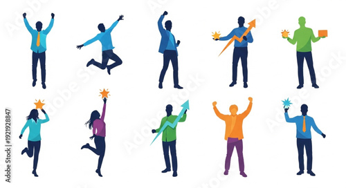 Diverse group of people celebrating with arms raised and holding objects.