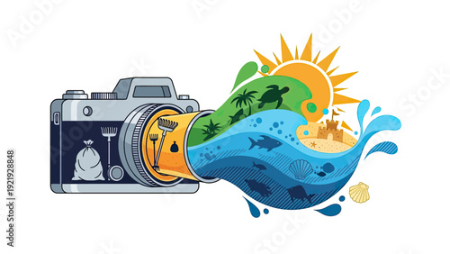 A camera shows clean-up tools and a pristine beach scene with sun, sea life, and sandcastle