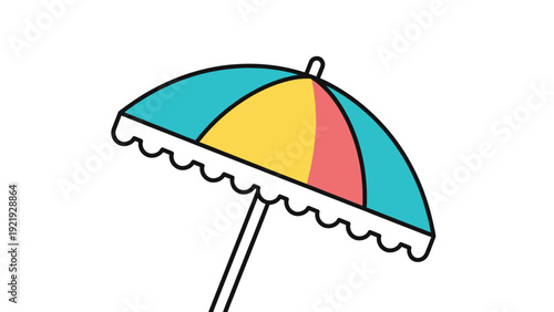 A colorful beach umbrella icon against a white background with a decorative edge