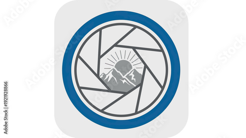 A photography icon with a camera aperture, mountains, and sun in gray and blue on white background