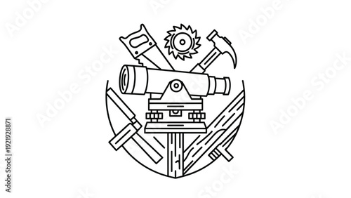 A shield-shaped emblem featuring carpenter's tools, level, and wood plank