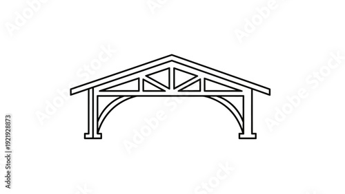 Line drawing of a building with a triangular roof supported by arched beams