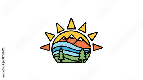 Colorful, stylized graphic of a mountain scene, framed by a sun. Includes trees, water, and sun