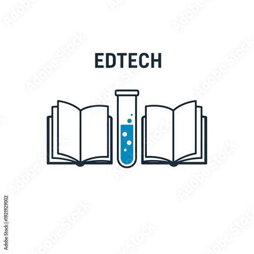 Image features "EDTECH" text above a beaker flanked by two open books, all minimalist outlines